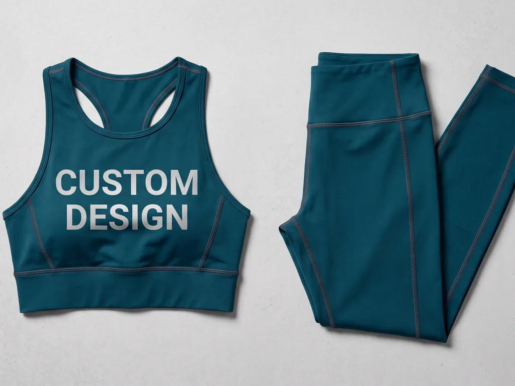 Private label activewear set with a CUSTOM DESIGN print, shown as a matching top and leggings