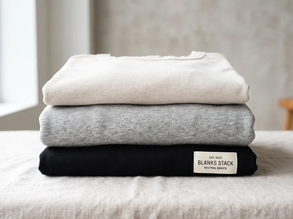 Stack of folded custom blank clothing in neutral colours with woven brand labels, no prints