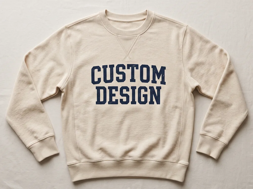 French terry crewneck sweatshirt with a ribbed collar and a bold CUSTOM DESIGN chest print