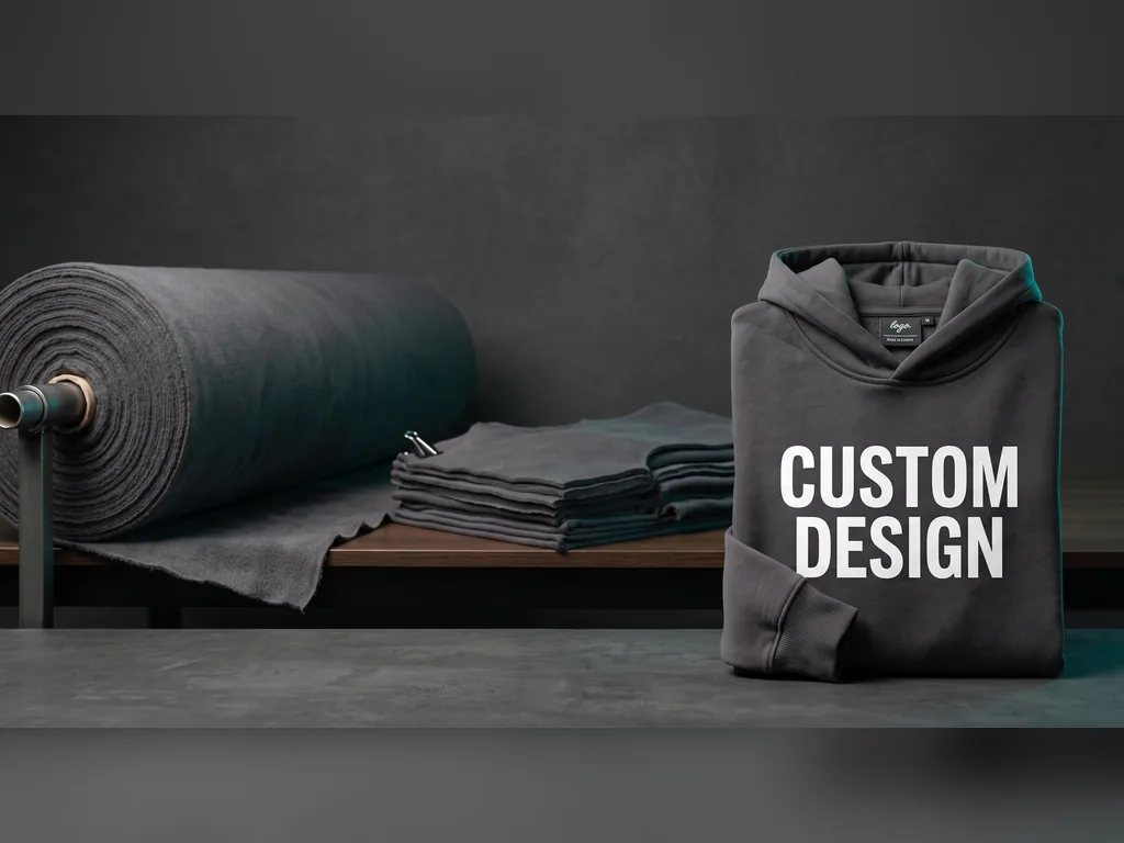 Fabric roll, cut fleece panels and a finished hoodie with a woven neck label, showing what a private label clothing manufacturer builds from scratch