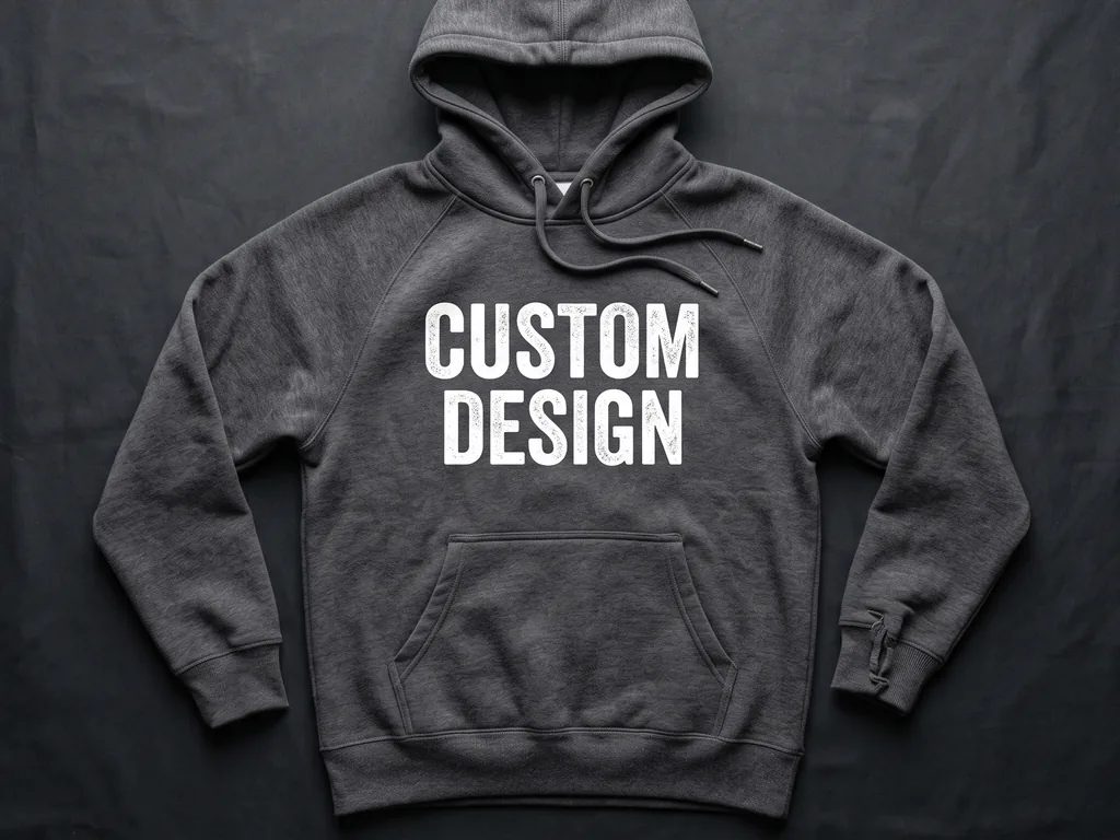 Private label heavyweight charcoal fleece hoodie with a bold CUSTOM DESIGN chest print and a woven neck label