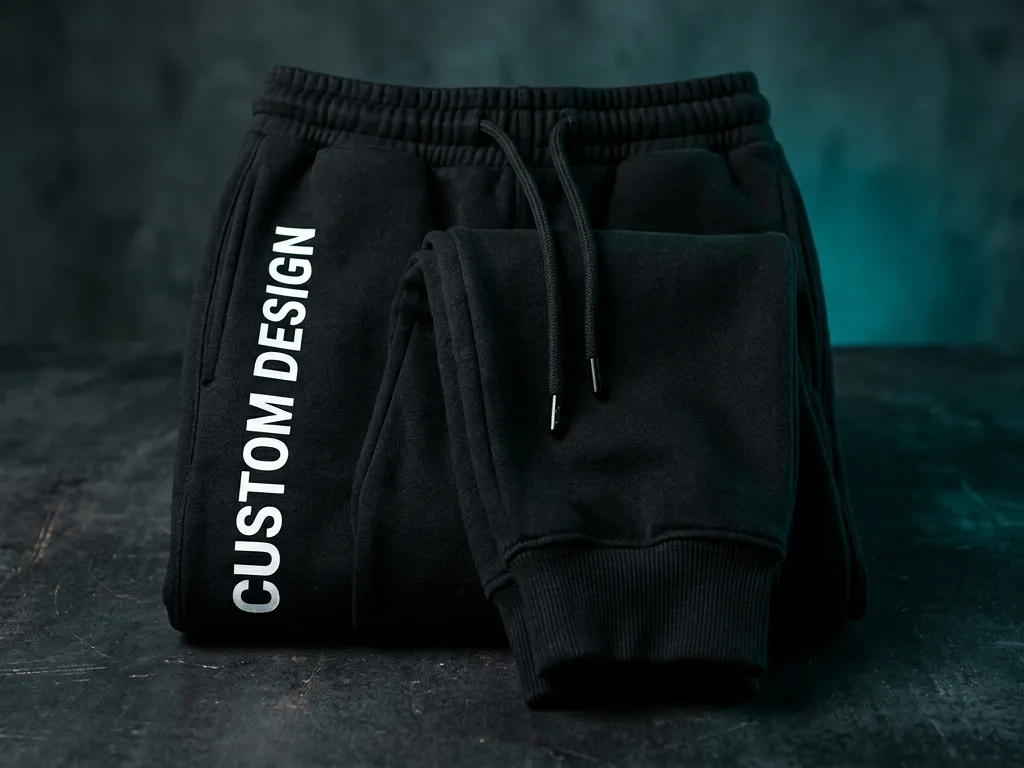 Tapered fleece joggers with a drawcord waist and a CUSTOM DESIGN thigh print, folded flat