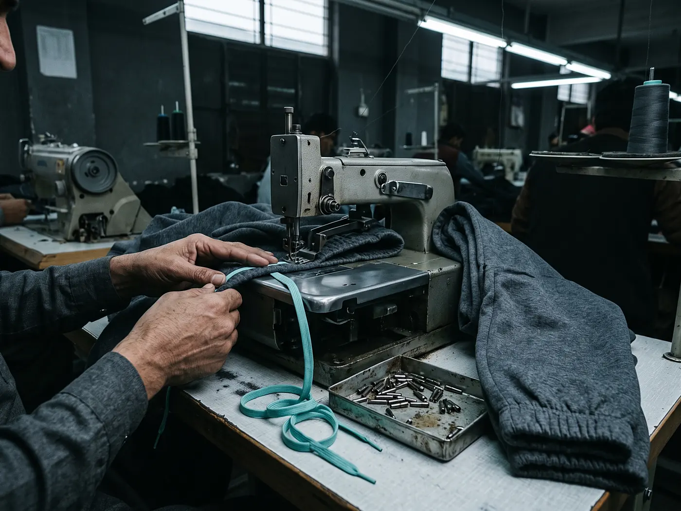 Fleece joggers being assembled at a private label clothing manufacturer in Punjab