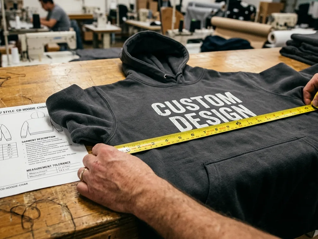 Hands measuring the chest width of a finished private label hoodie against a tech pack during inspection