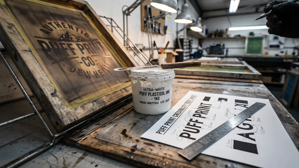 Coarse mesh screen and puff plastisol ink beside an artwork sheet marked with minimum line widths