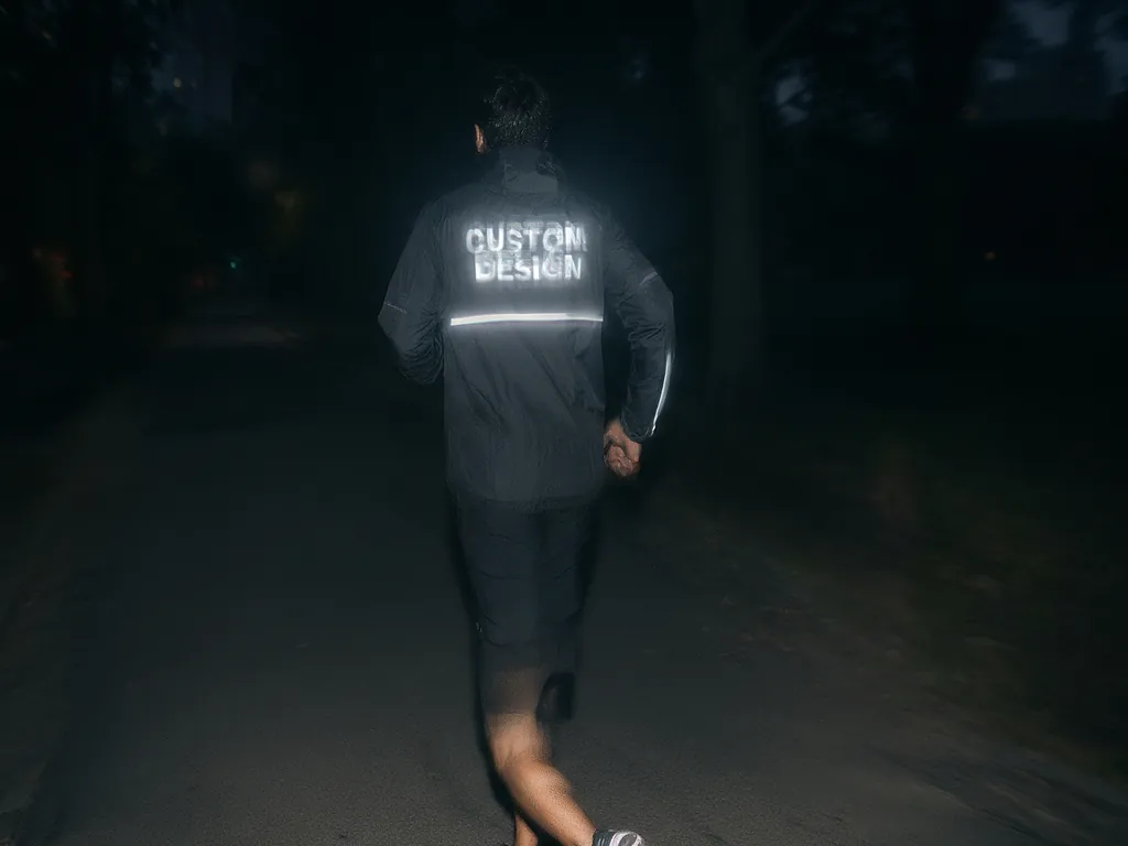 Reflective heat transfer vinyl CUSTOM DESIGN graphic and stripe shining silver on the back of a runner's jacket at night