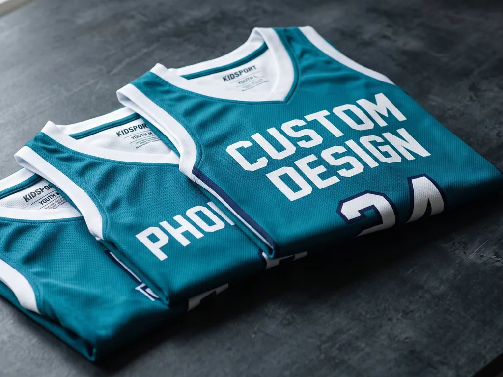 Youth basketball uniforms in three sizes folded in a row, the top one printed CUSTOM DESIGN
