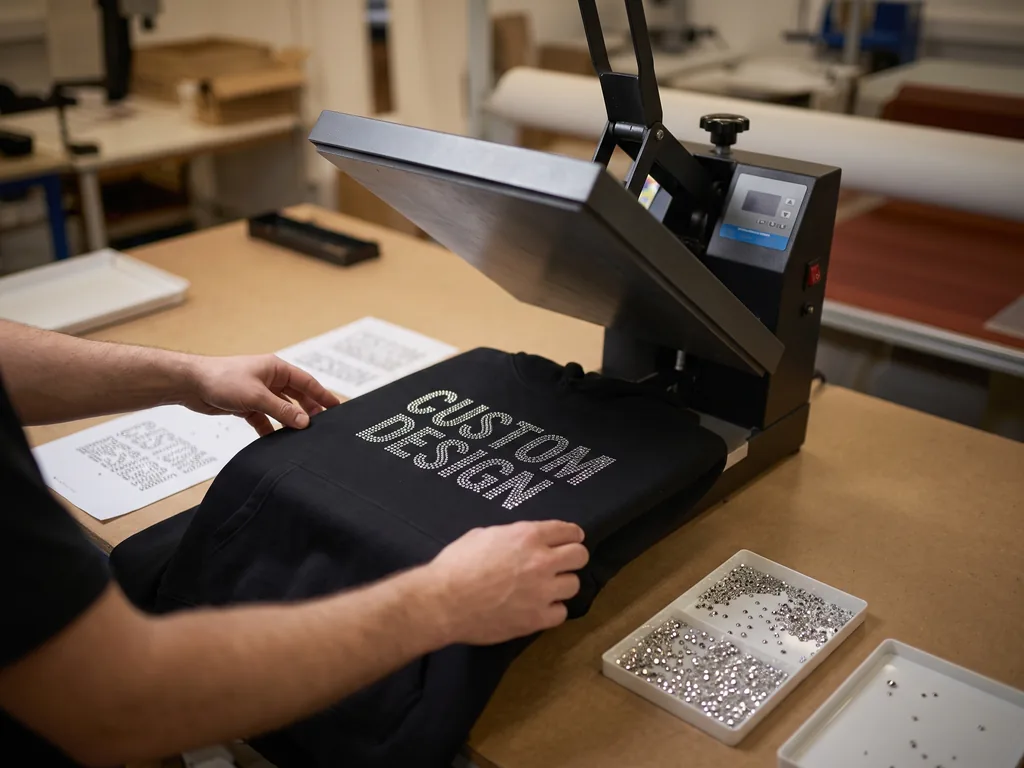 Technician heat-pressing a hotfix rhinestone motif onto a garment and checking it against the stone map during inspection