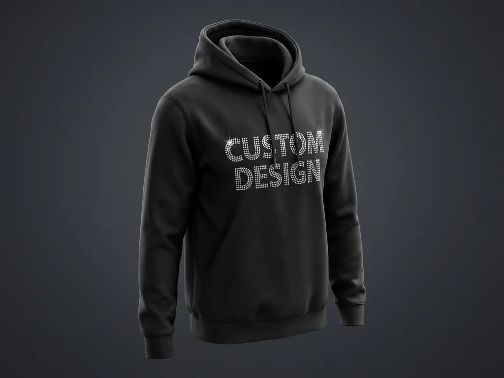 Custom heavyweight black fleece hoodie with a CUSTOM DESIGN rhinestone chest motif from a rhinestone hoodie manufacturer