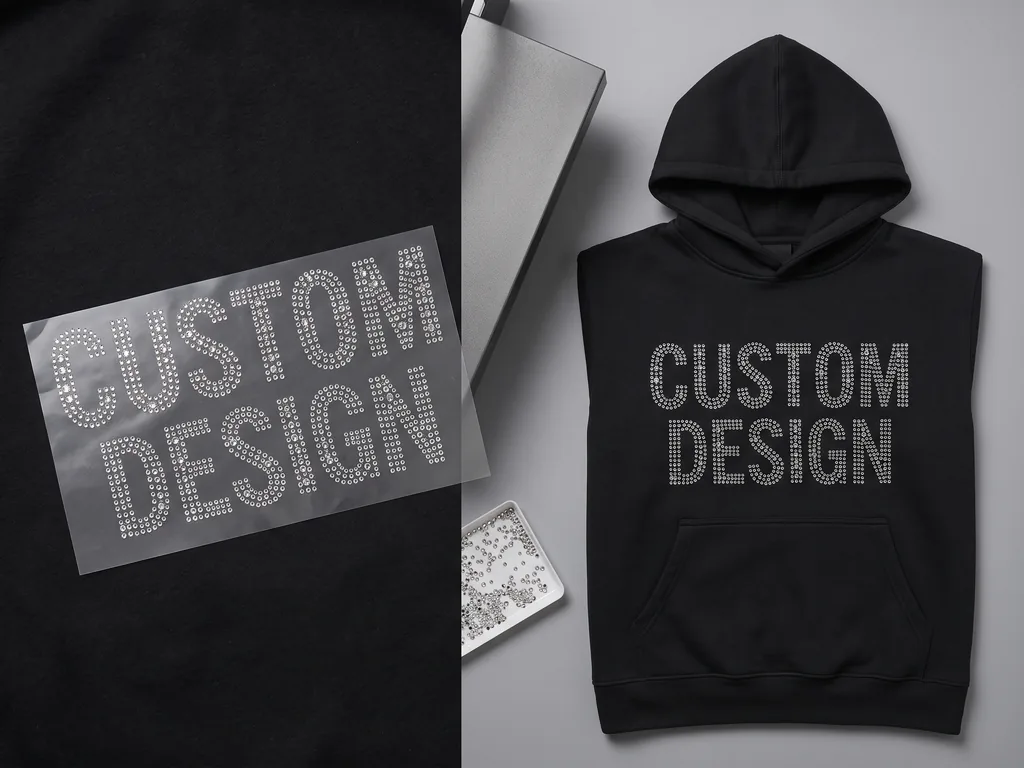 Hotfix rhinestone transfer sheet beside a finished custom rhinestone hoodie made by a rhinestone clothing manufacturer