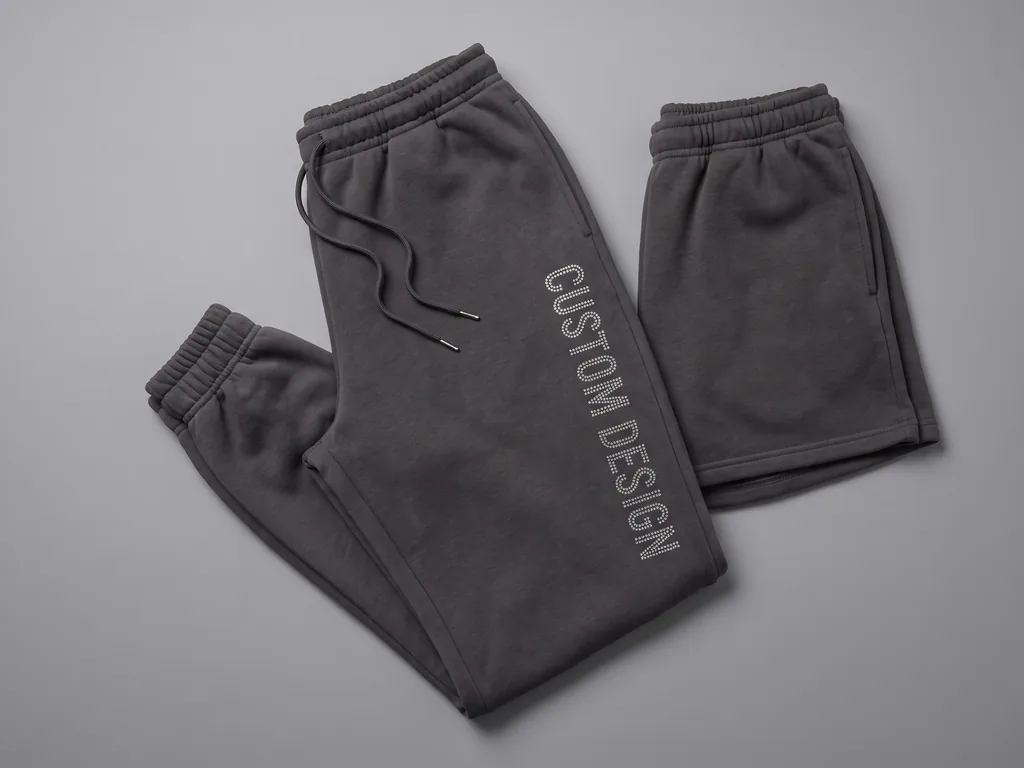 Tapered fleece joggers with a CUSTOM DESIGN rhinestone thigh motif, folded flat
