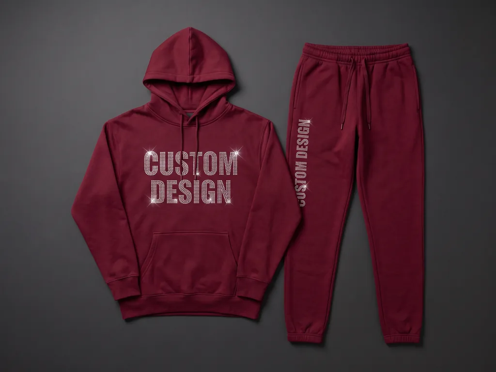 Matching rhinestone tracksuit hoodie and joggers with a CUSTOM DESIGN crystal motif, cut from one dye lot
