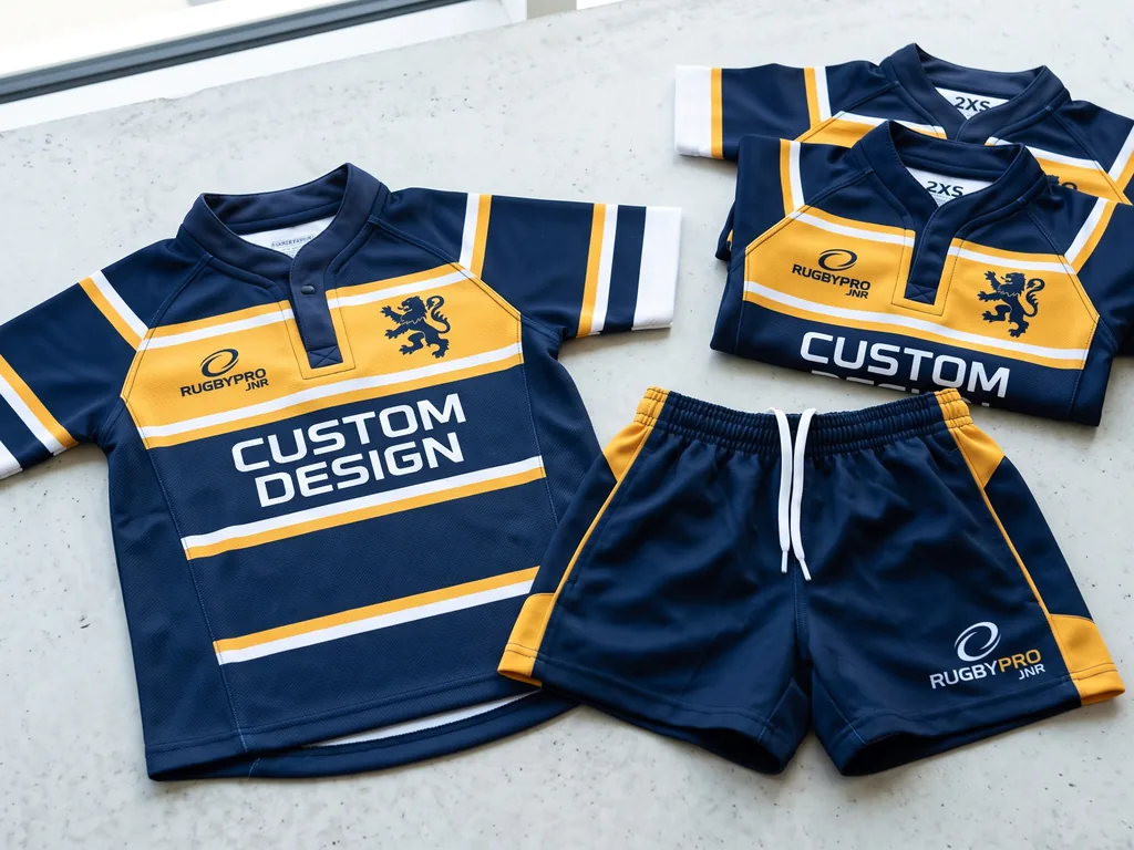 Childrens rugby team kit jersey and shorts with a CUSTOM DESIGN chest panel, laid out in youth sizes
