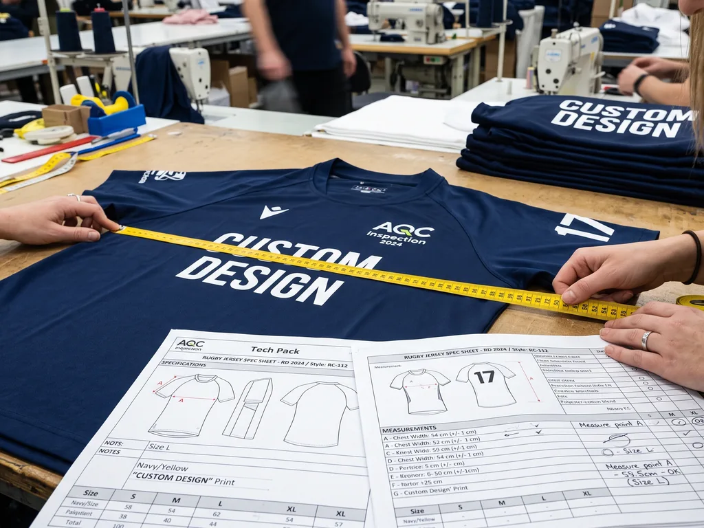 Hands measuring the chest width of a finished custom rugby jersey against a tech pack during inspection
