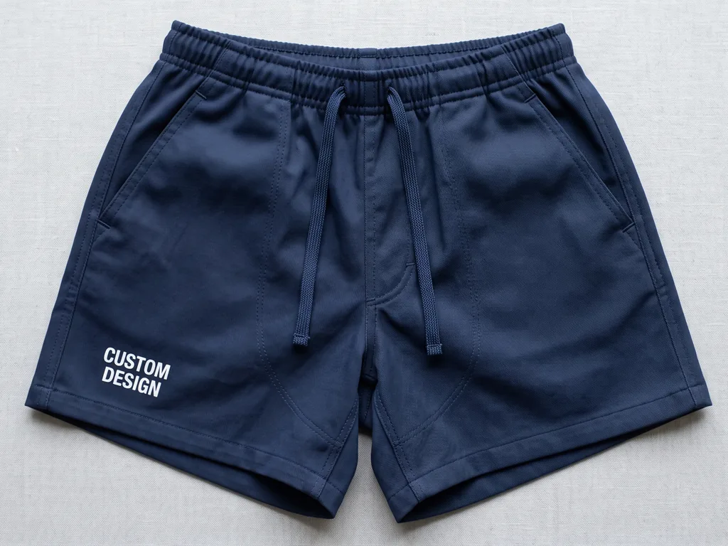 Rugby playing shorts in poly twill with a drawcord waist and a CUSTOM DESIGN leg print, folded flat