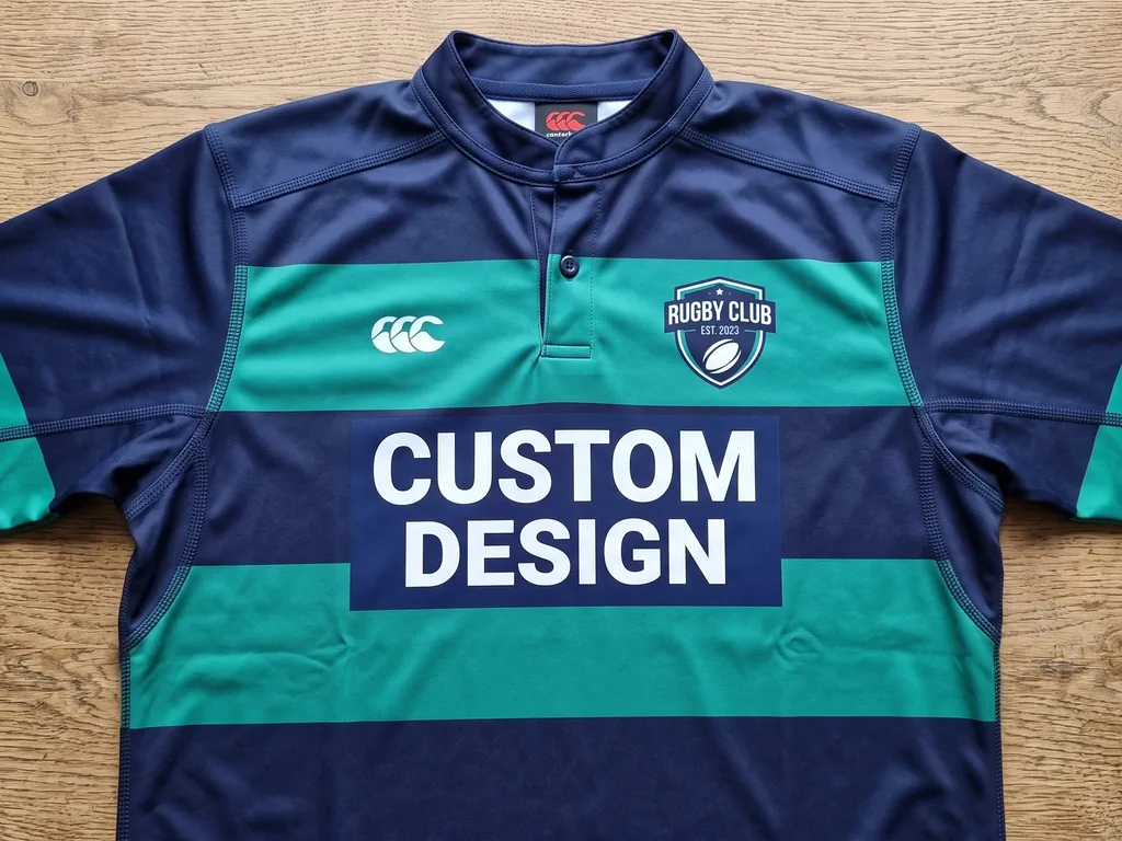 Sublimated custom rugby match jersey with a bold CUSTOM DESIGN chest panel and reinforced collar, made by a rugby jersey manufacturer