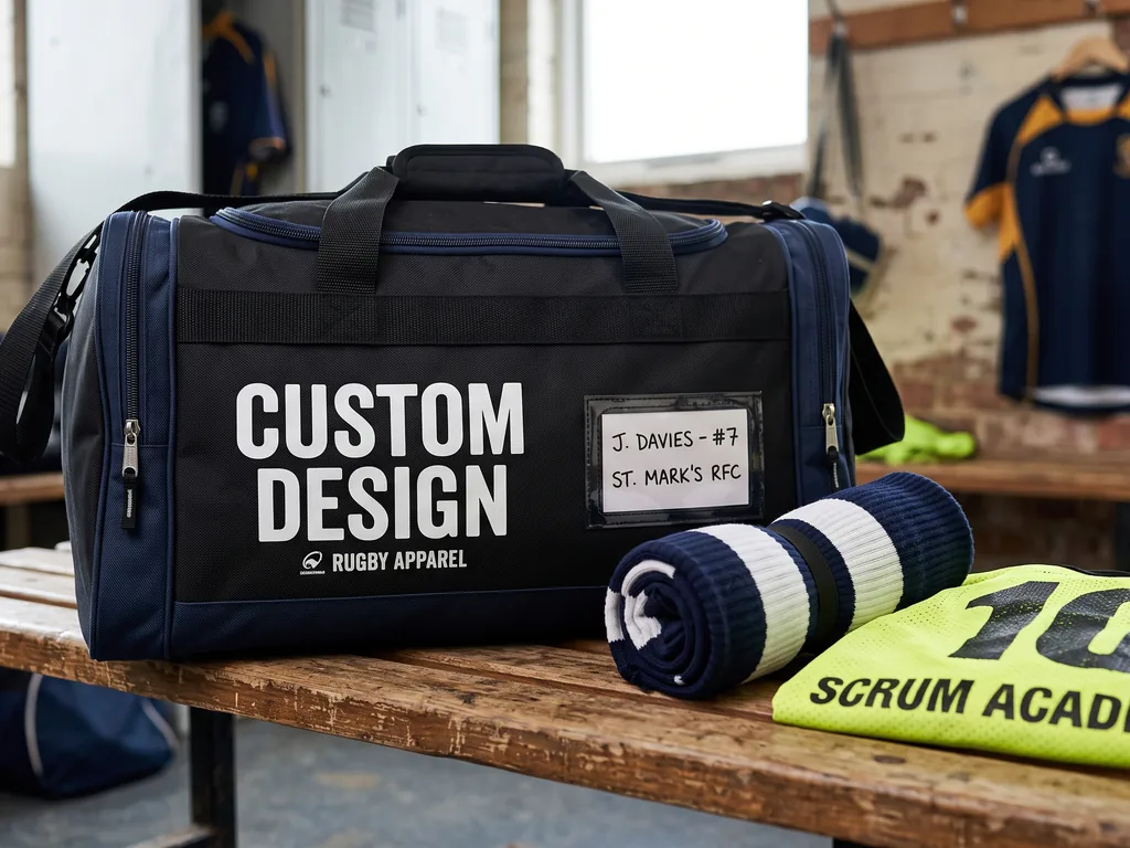 Rugby team kit bags, hooped socks and training bibs branded with a CUSTOM DESIGN club mark