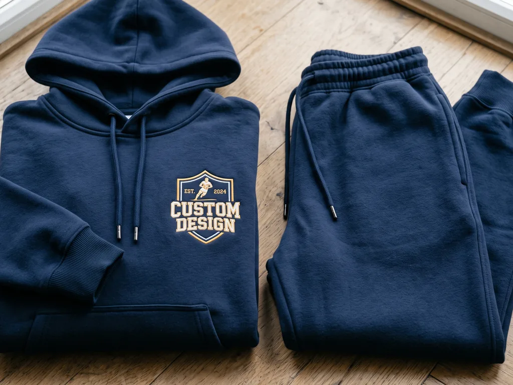 Matching rugby teamwear hoodie and tracksuit bottoms with an embroidered CUSTOM DESIGN crest, cut from one dye lot