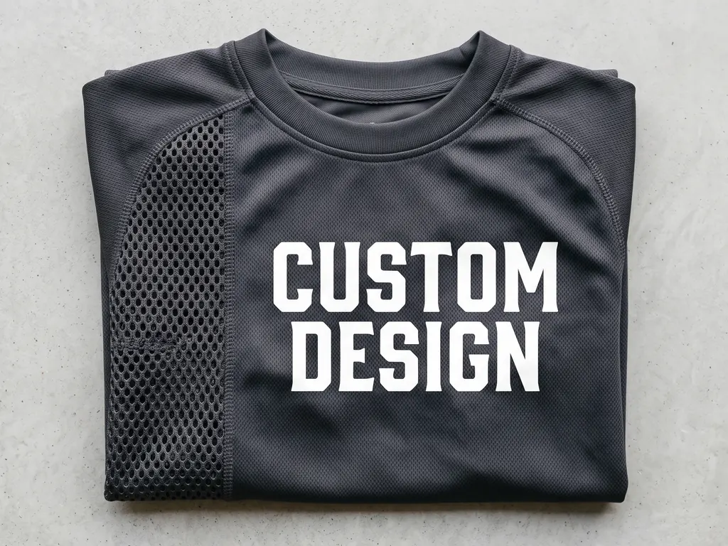 Lightweight rugby training top in poly mesh with a bold CUSTOM DESIGN chest print, folded flat