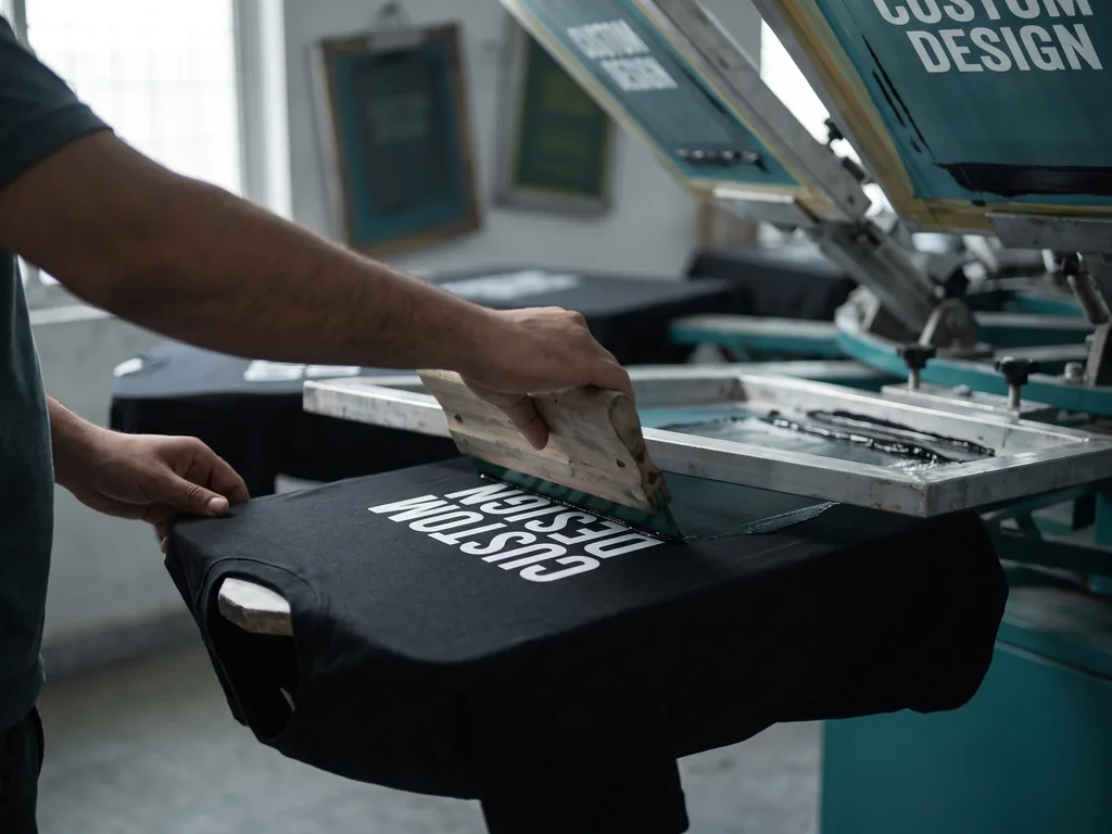 Screen printing services on a manual carousel press, squeegee pulling a bold CUSTOM DESIGN print onto a black t-shirt