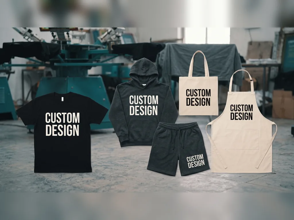 Custom merchandise screen printing on tote bags, aprons and tees laid out with matching CUSTOM DESIGN branding
