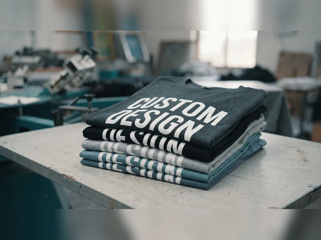 Custom screen printed t-shirts stacked flat, each with a bold white CUSTOM DESIGN chest print in plastisol ink