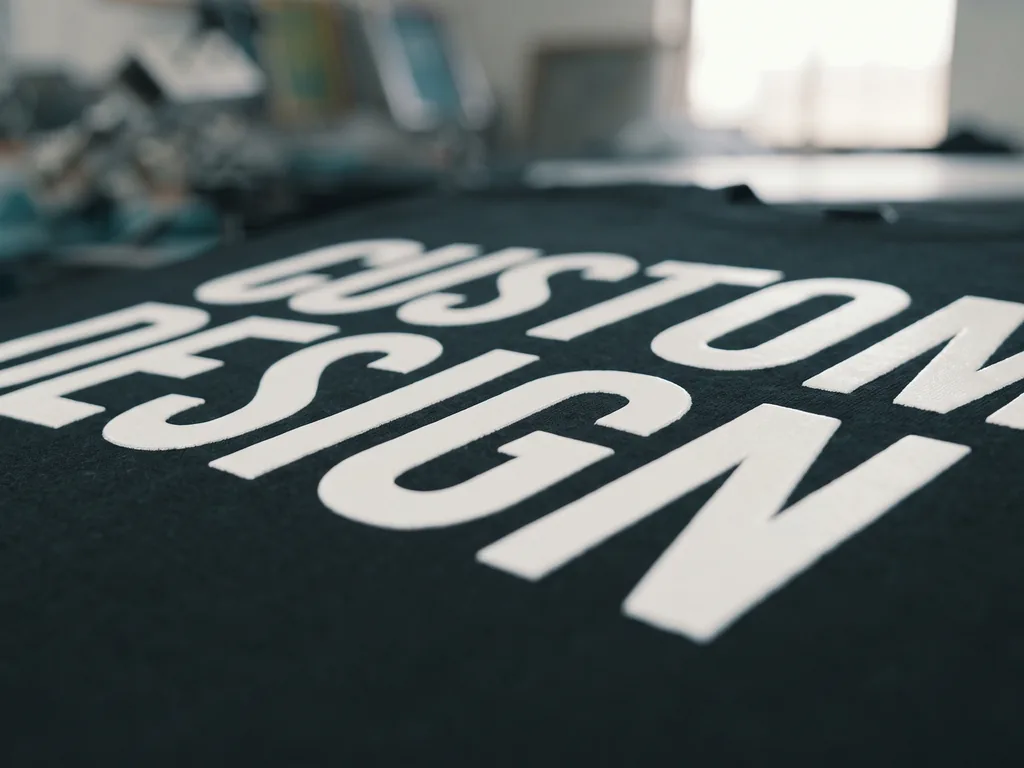 Plastisol ink printing close-up showing a thick opaque CUSTOM DESIGN print sitting on the surface of a cotton tee