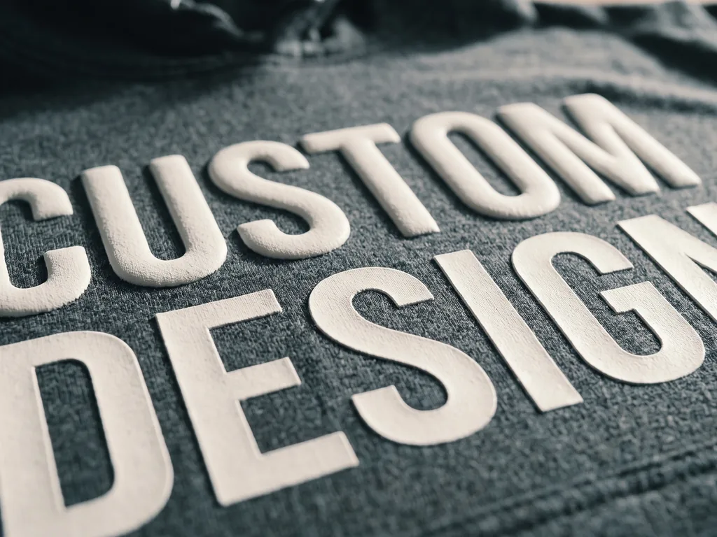 Raised puff and high-density screen print with a three-dimensional CUSTOM DESIGN logo on a heavyweight hoodie