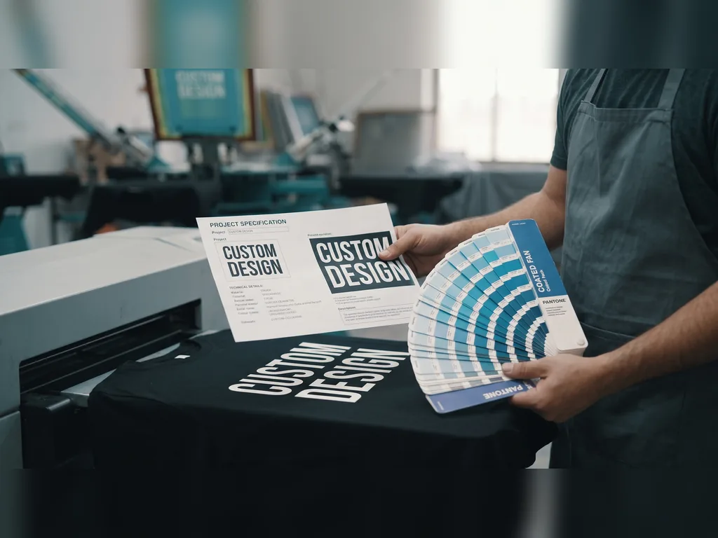 Printer checking registration and Pantone match against a spec sheet on a freshly printed CUSTOM DESIGN garment