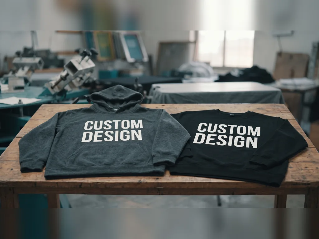 Screen printed hoodies and sweatshirts in heavyweight fleece with a large CUSTOM DESIGN front print