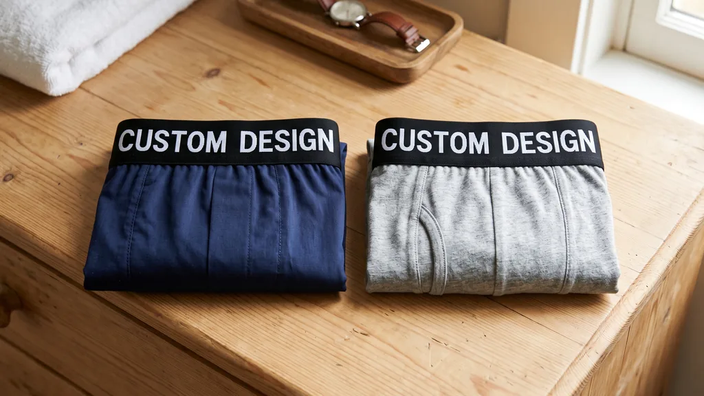 Navy poplin boxer and grey jersey boxer brief folded side by side with CUSTOM DESIGN woven into the waistband elastic, from a boxer shorts manufacturer