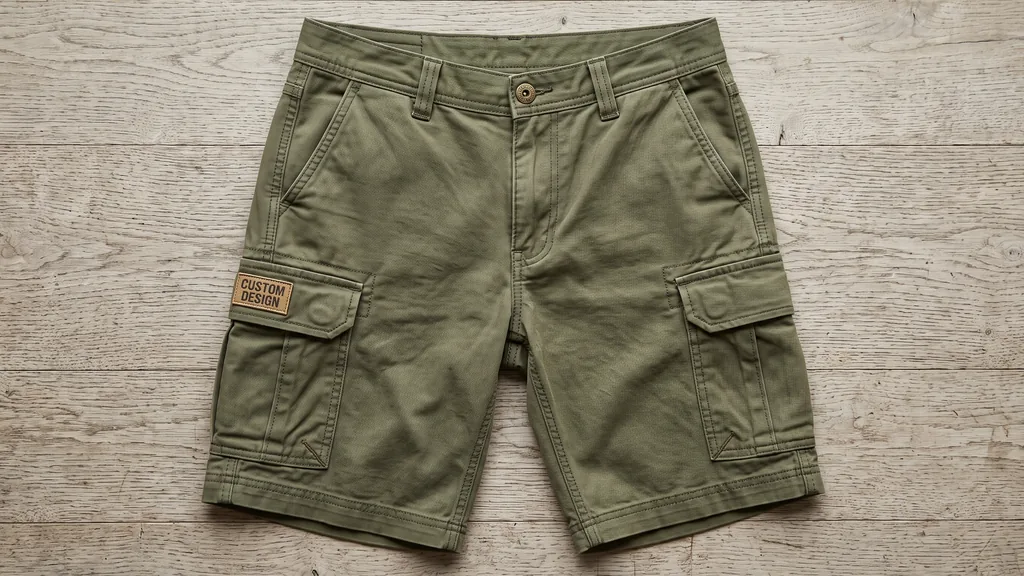 Olive cotton twill cargo shorts with flapped bellows pockets, belt loops and a tan CUSTOM DESIGN leather patch, from a cargo shorts manufacturer