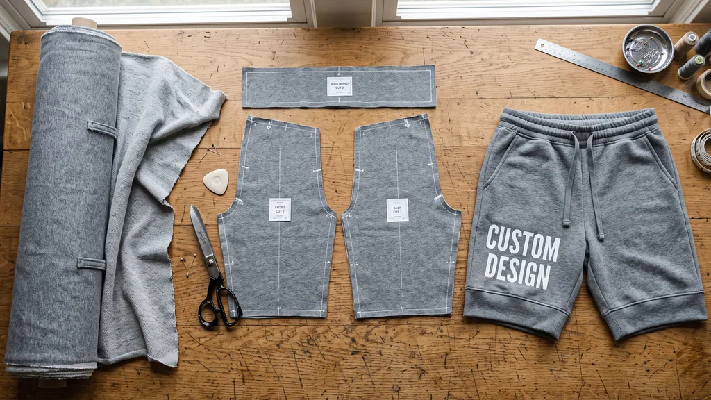 Shorts manufacturer flat lay: grey fleece fabric roll, cut front, back and waistband pattern pieces with shears, and the finished custom sweat shorts