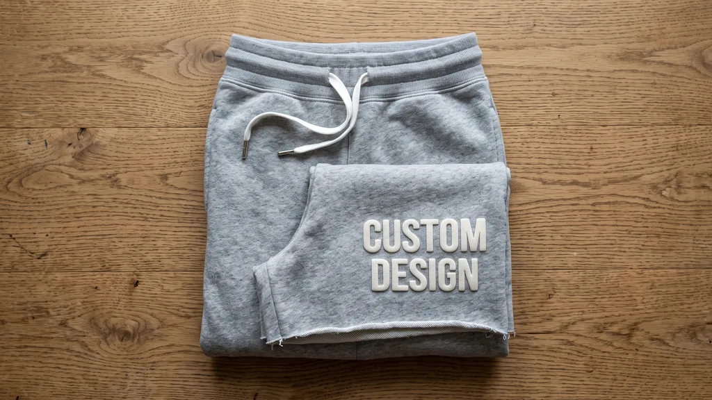 Heather grey heavyweight fleece sweat shorts with a white drawcord, raw hem and a raised CUSTOM DESIGN puff print on the leg