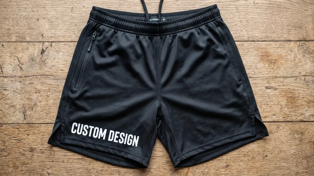 Black polyester gym training shorts with a zip side pocket, split hems and a white CUSTOM DESIGN leg print, made by a gym shorts manufacturer