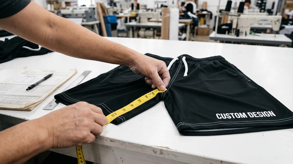 Inspector measuring the inseam of finished black CUSTOM DESIGN shorts with a tape against the spec sheet on the Jafsu Enterprises floor