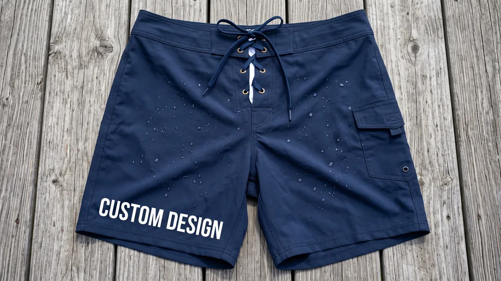 Navy quick-dry board shorts with a lace-up fly, cargo pocket, water droplets on the fabric and a white CUSTOM DESIGN leg print