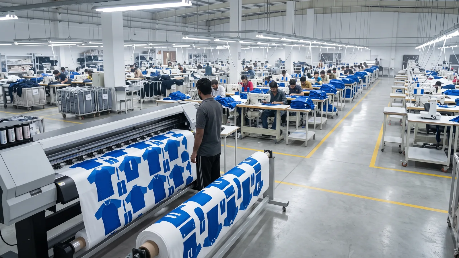 Soccer jersey manufacturer Jafsu Enterprises cutting and stitching sublimated kits in Sialkot