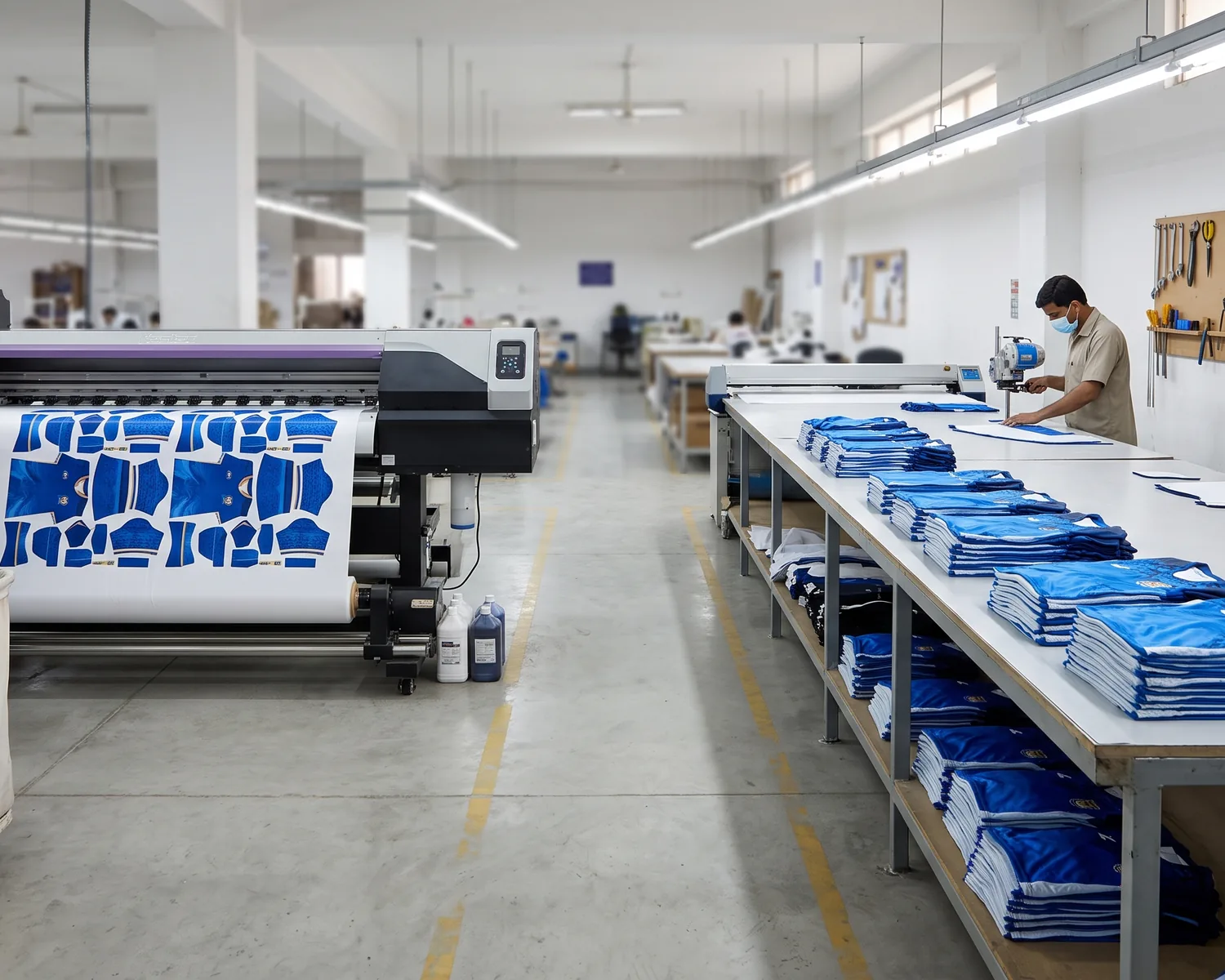 Sublimation printer running soccer jersey panels at the Jafsu Enterprises factory in Sialkot