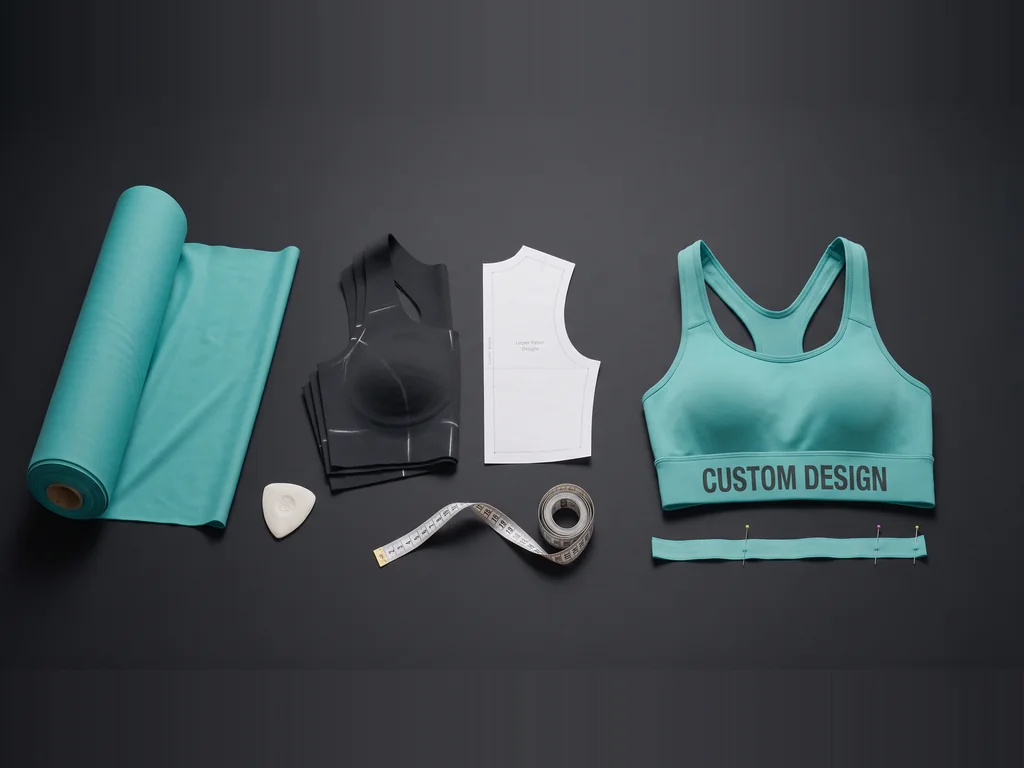 Nylon spandex fabric roll, cut bra panels and a finished custom sports bra showing what a sports bra manufacturer builds from scratch