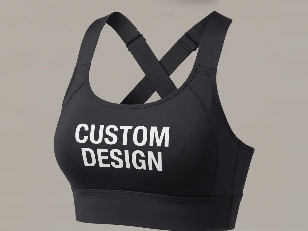 High-impact custom sports bra in black nylon spandex with a CUSTOM DESIGN chest print and wide underband