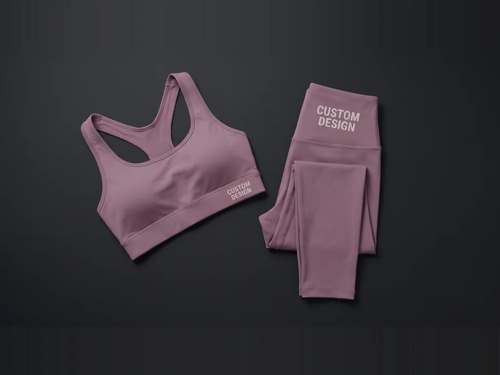 Matching sports bra and leggings set in mauve cut from one dye lot with a CUSTOM DESIGN waistband print