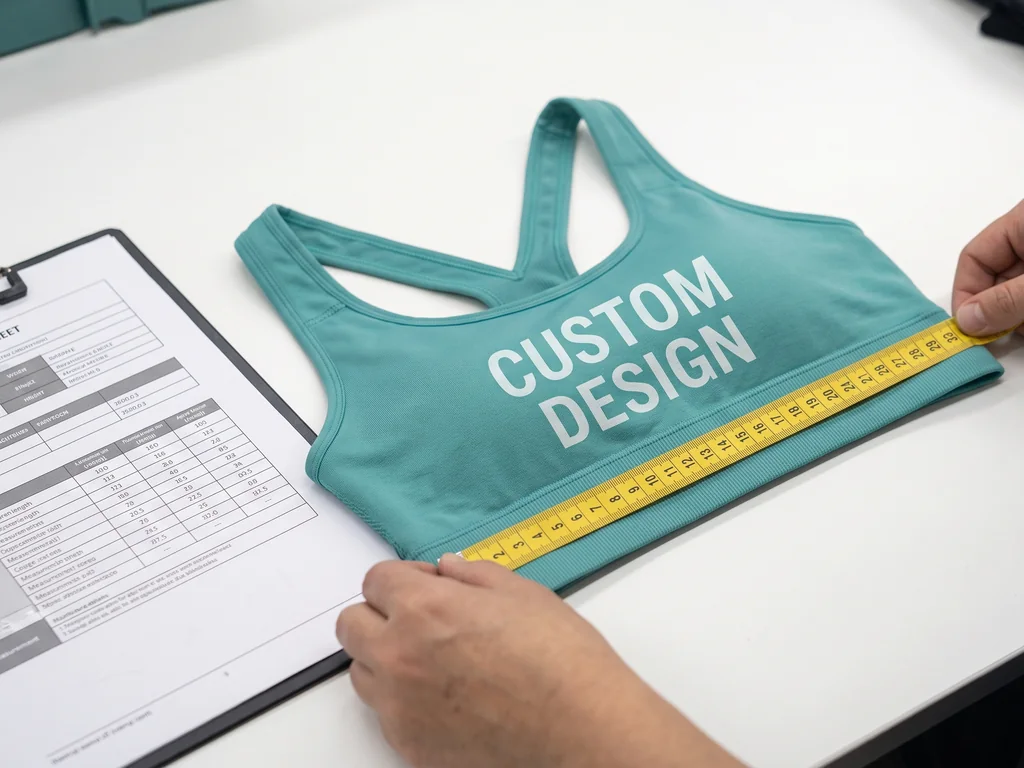 Hands measuring the underband of a finished custom sports bra against a tech pack during factory inspection
