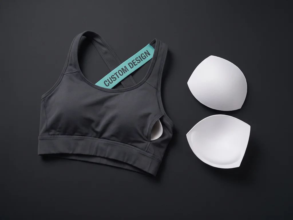 Padded sports bra with removable moulded cups laid beside the pad pockets and a CUSTOM DESIGN strap print
