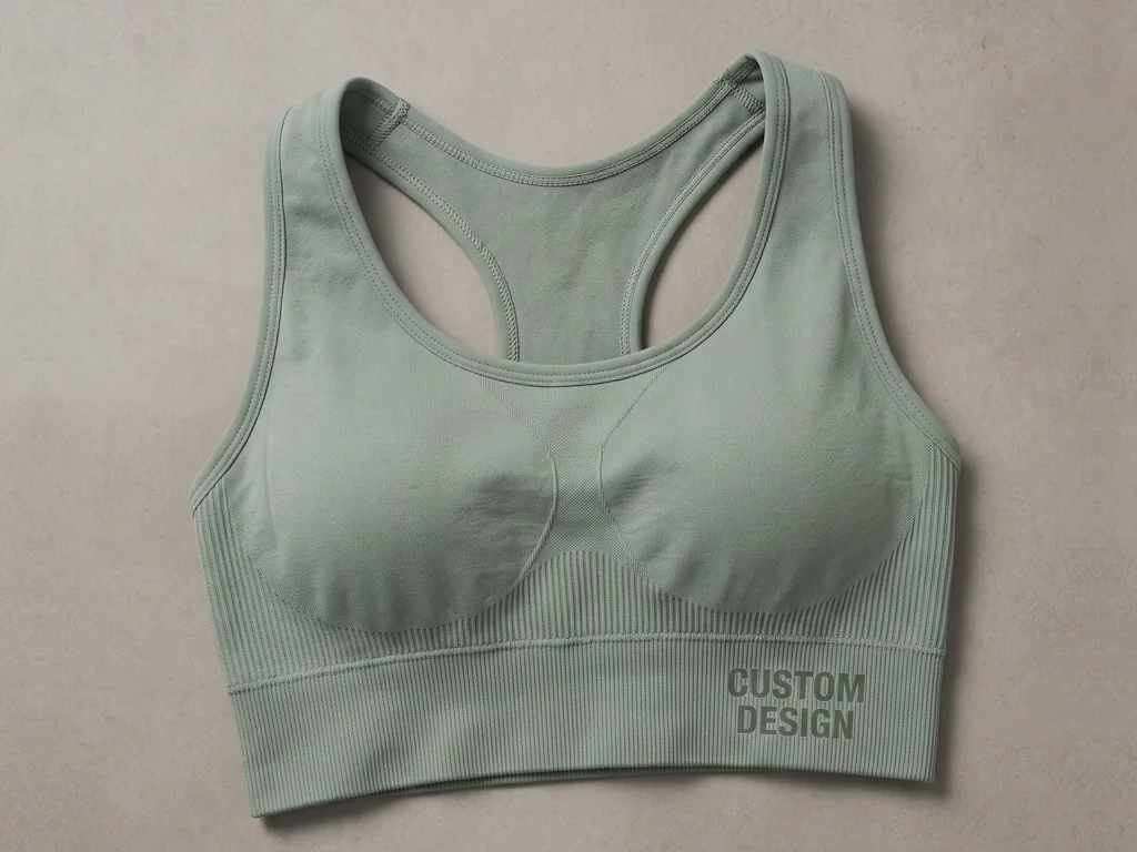 Seamless knit sports bra in sage green with ribbed zones and a CUSTOM DESIGN under-bust print