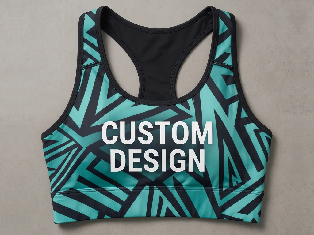 Custom sublimated sports bra in bold all-over teal print with CUSTOM DESIGN lettering across the front