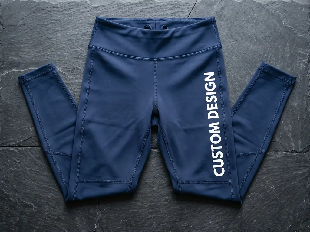 Navy compression workout leggings with flatlock seams and a CUSTOM DESIGN print down the leg