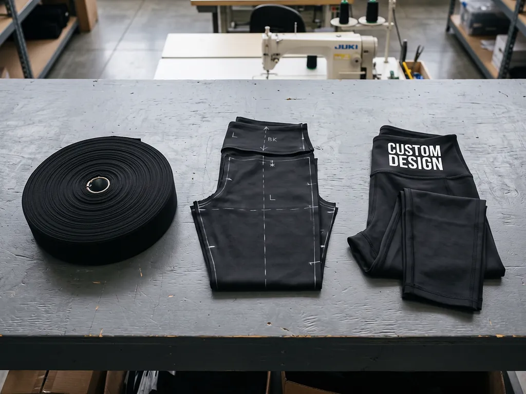 Stretch fabric roll, cut legging panels and finished custom leggings showing what a sports leggings manufacturer builds