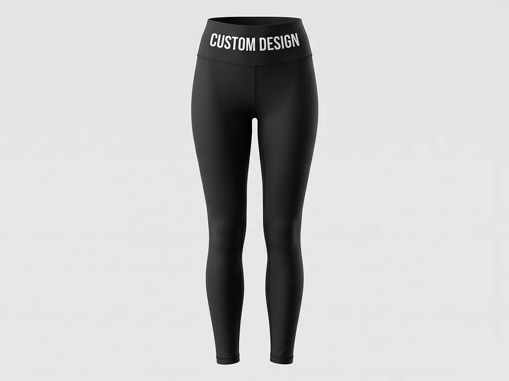 High-waisted black sports leggings with CUSTOM DESIGN printed on the waistband, made by a sports leggings manufacturer