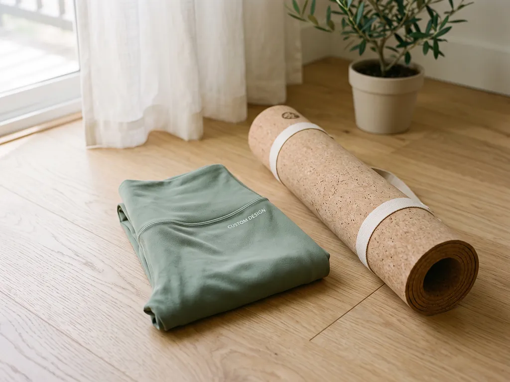 Soft-touch moisture-wicking yoga pants in sage green with CUSTOM DESIGN on the waistband, folded beside a yoga mat